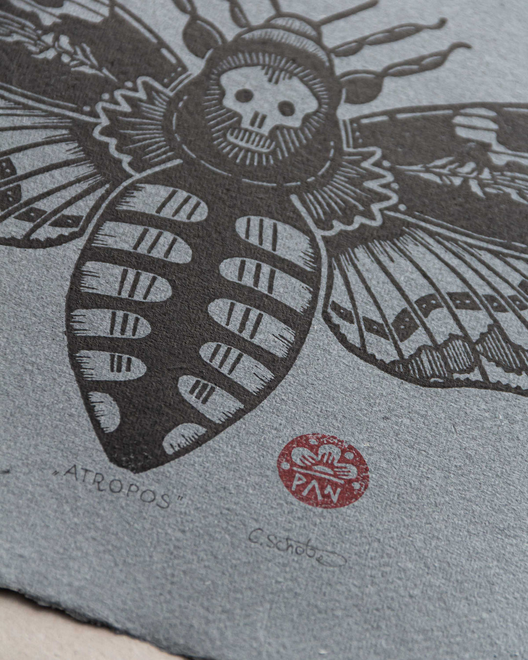 "Atropos" – Lino Print on Dark Grey A3