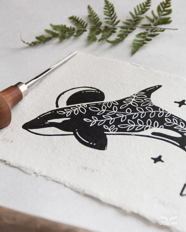 "Orca" – Lino Print A5